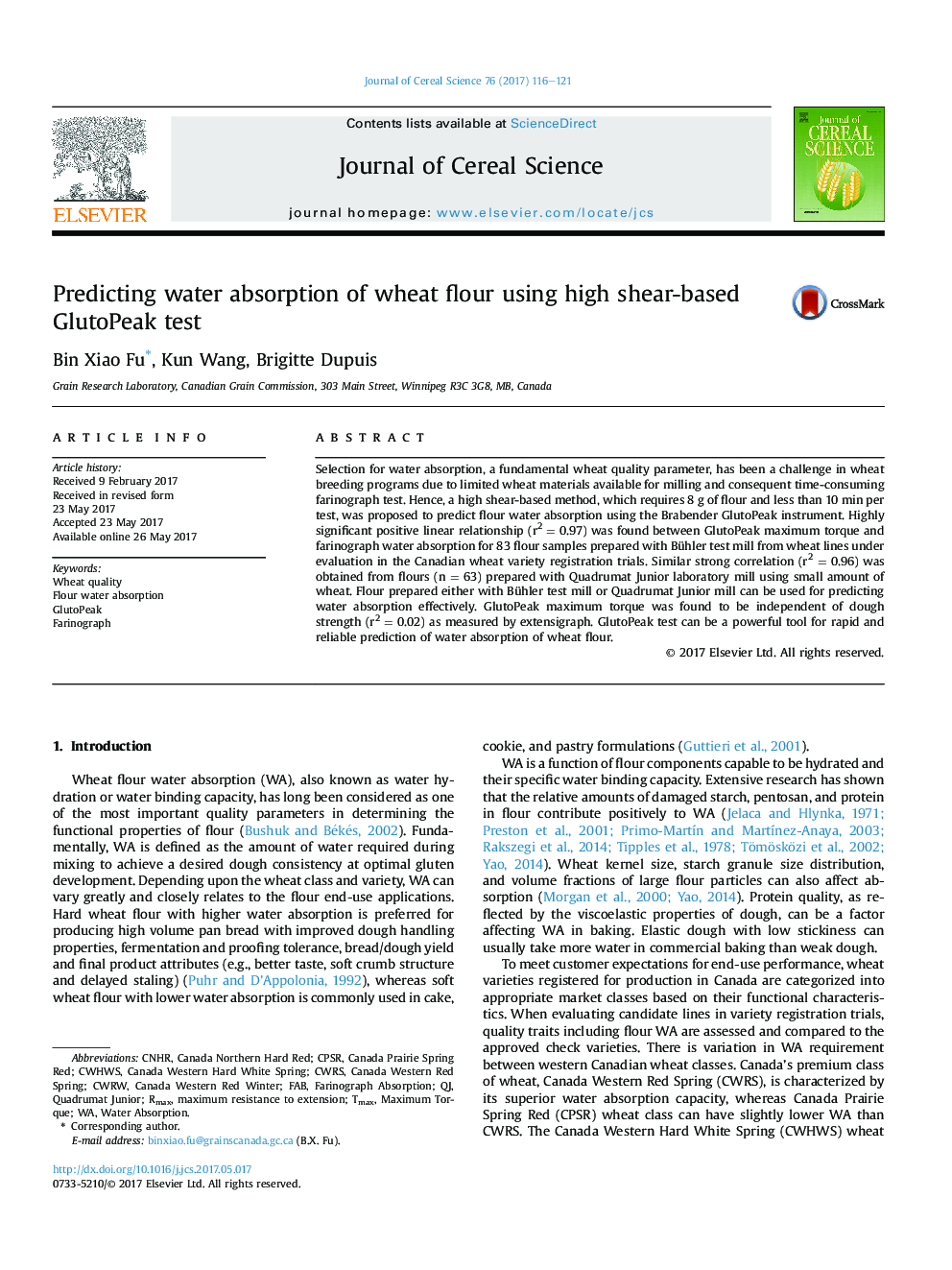 Predicting water absorption of wheat flour using high shear-based GlutoPeak test