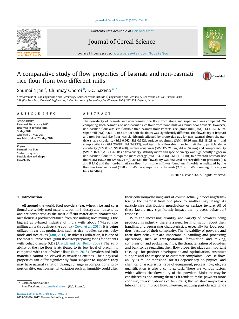 A comparative study of flow properties of basmati and non-basmati rice flour from two different mills