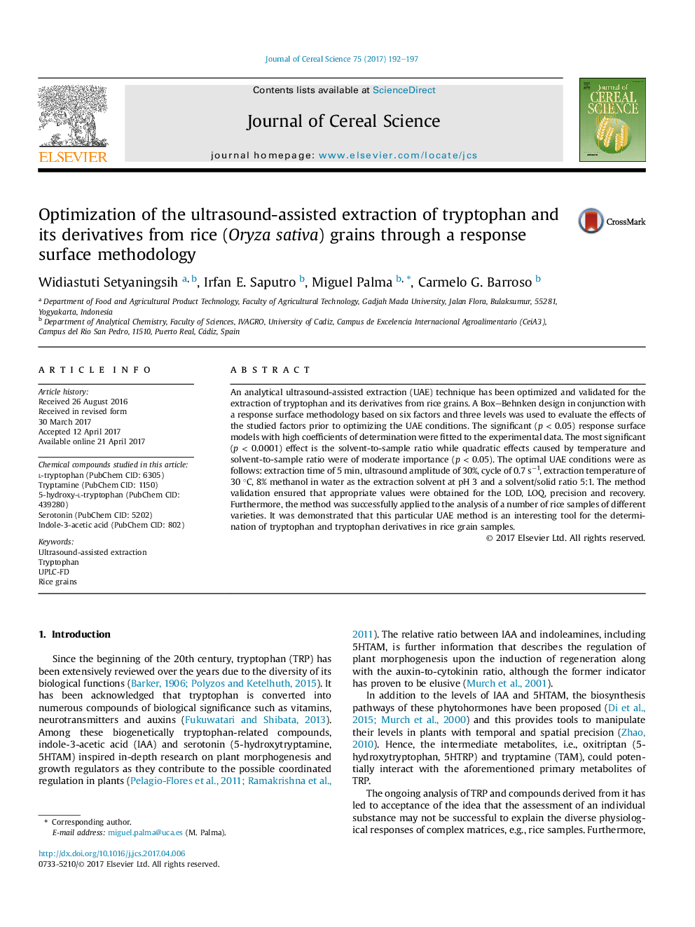 Optimization of the ultrasound-assisted extraction of tryptophan and its derivatives from rice (Oryza sativa) grains through a response surface methodology