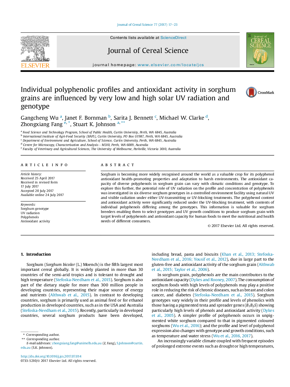 Individual polyphenolic profiles and antioxidant activity in sorghum grains are influenced by very low and high solar UV radiation and genotype