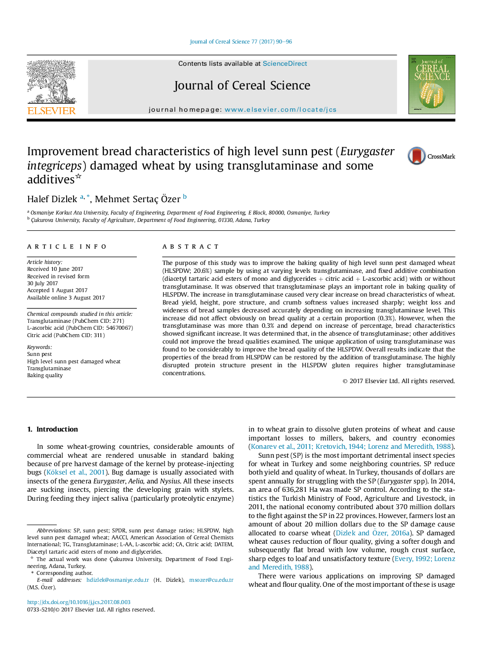 Improvement bread characteristics of high level sunn pest (Eurygaster integriceps) damaged wheat by using transglutaminase and some additives