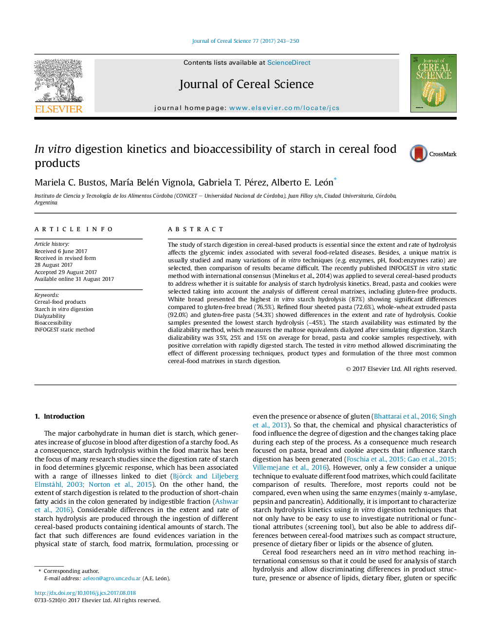 عکس صفحه اول مقاله: In vitro digestion kinetics and bioaccessibility of starch in cereal food products In vitro digestion kinetics and bioaccessibility of starch in cereal food products