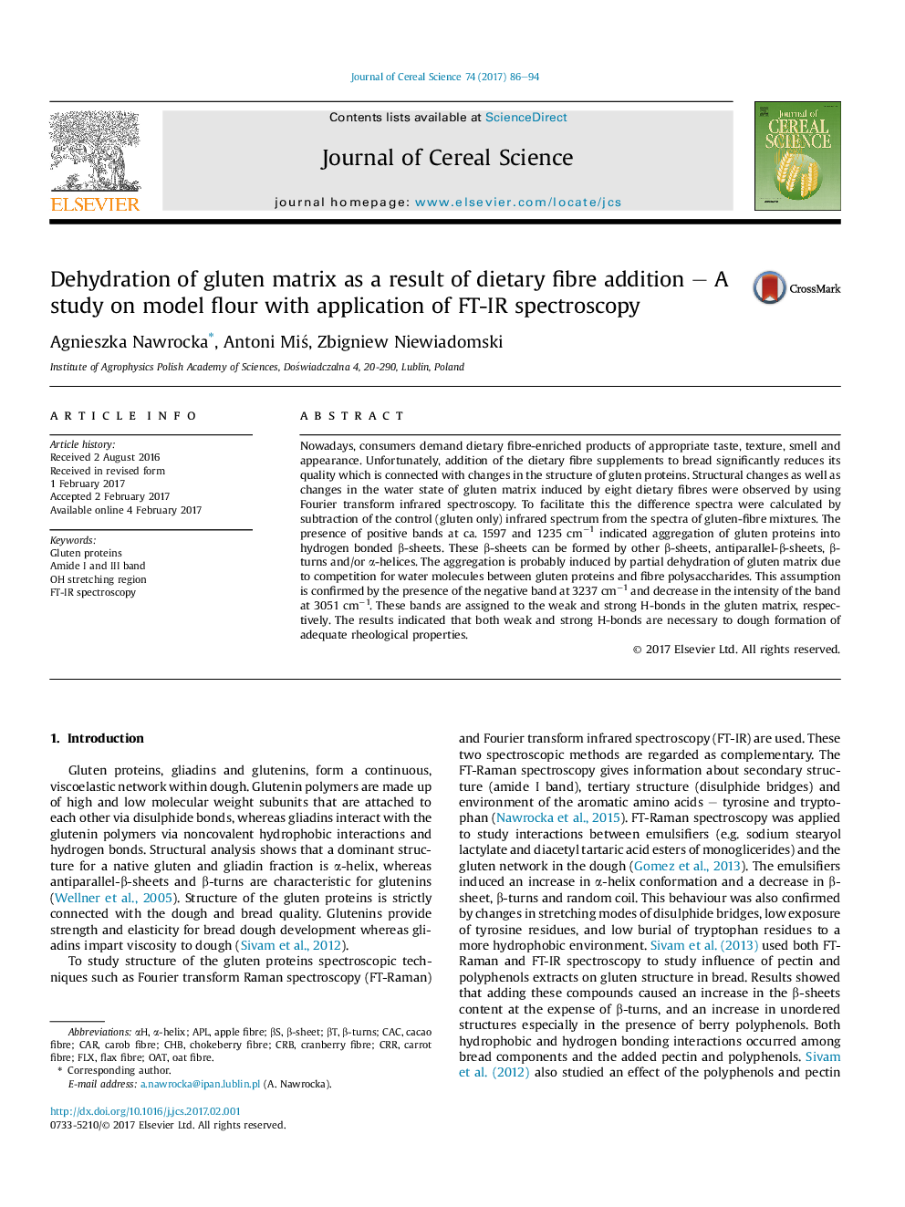 Dehydration of gluten matrix as a result of dietary fibre addition - A study on model flour with application of FT-IR spectroscopy