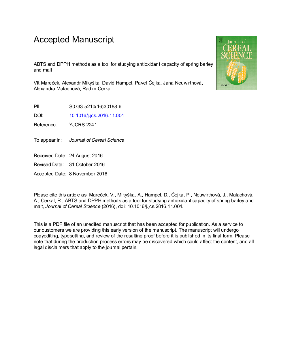 ABTS and DPPH methods as a tool for studying antioxidant capacity of spring barley and malt