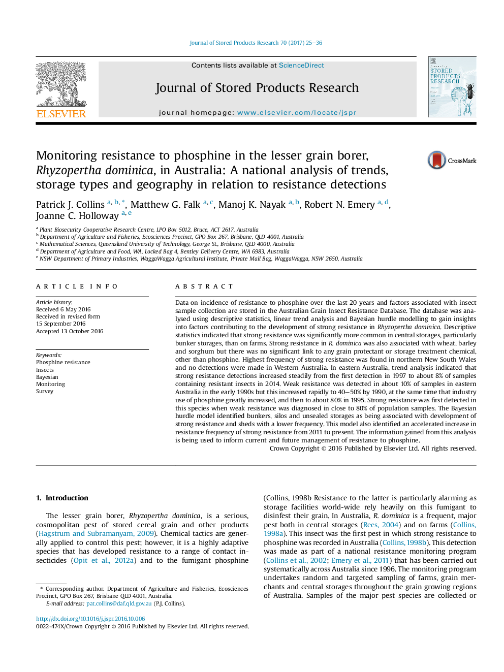 Monitoring resistance to phosphine in the lesser grain borer, Rhyzopertha dominica, in Australia: A national analysis of trends, storage types and geography in relation to resistance detections