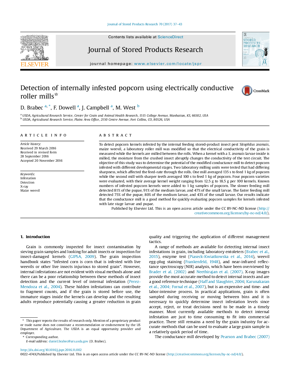 Detection of internally infested popcorn using electrically conductive roller mills