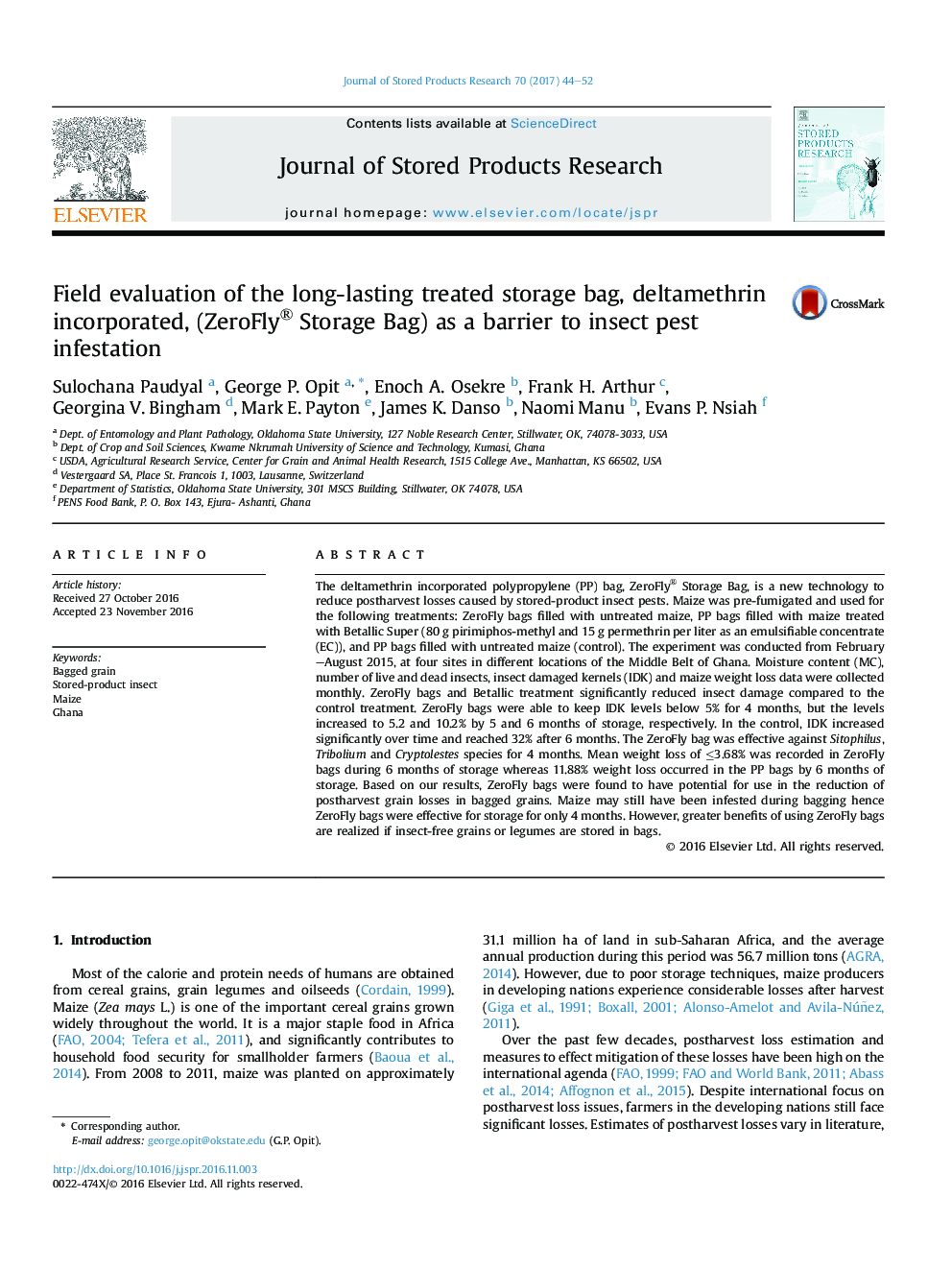 Field evaluation of the long-lasting treated storage bag, deltamethrin incorporated, (ZeroFly® Storage Bag) as a barrier to insect pest infestation