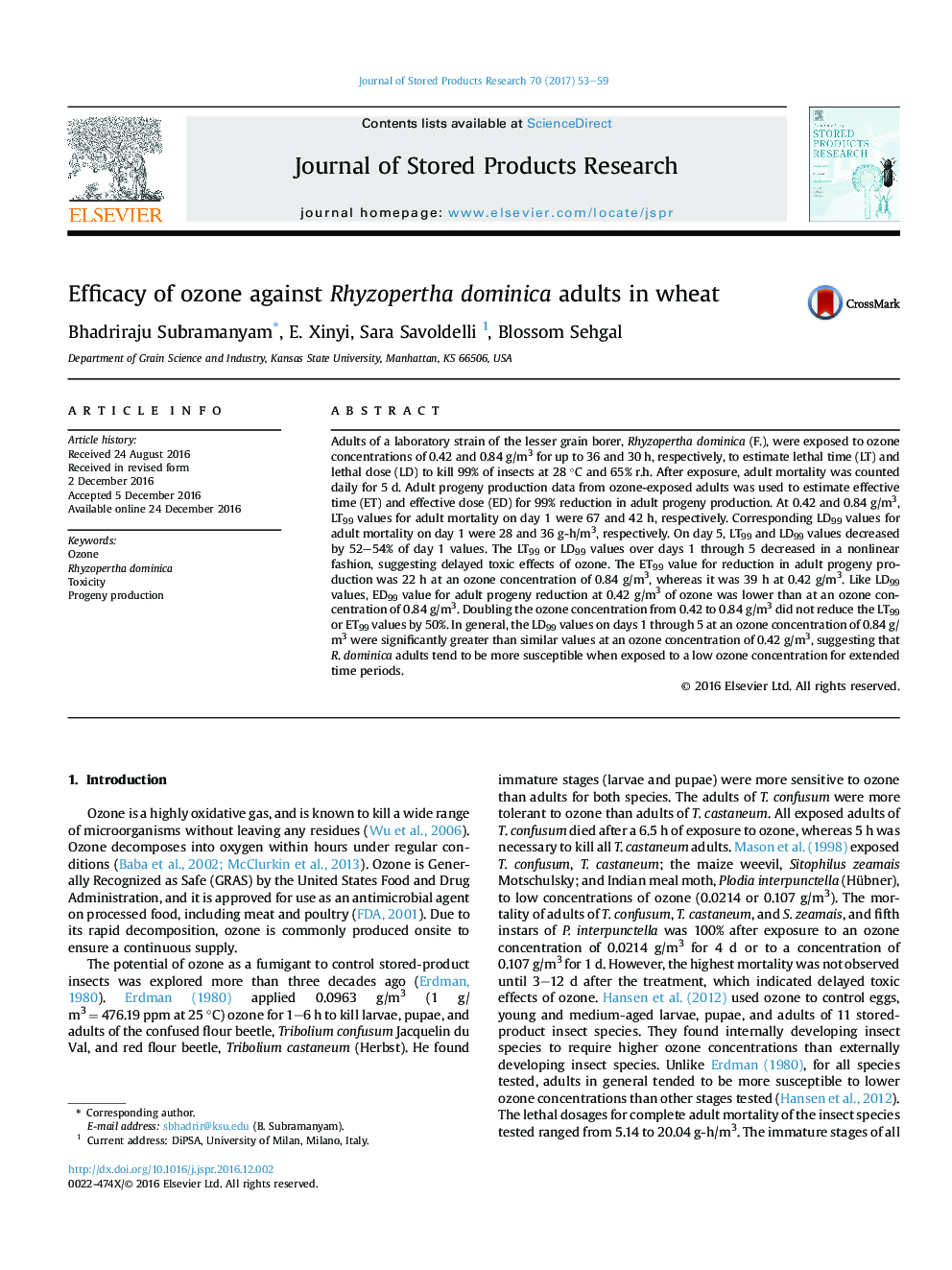 Efficacy of ozone against Rhyzopertha dominica adults in wheat