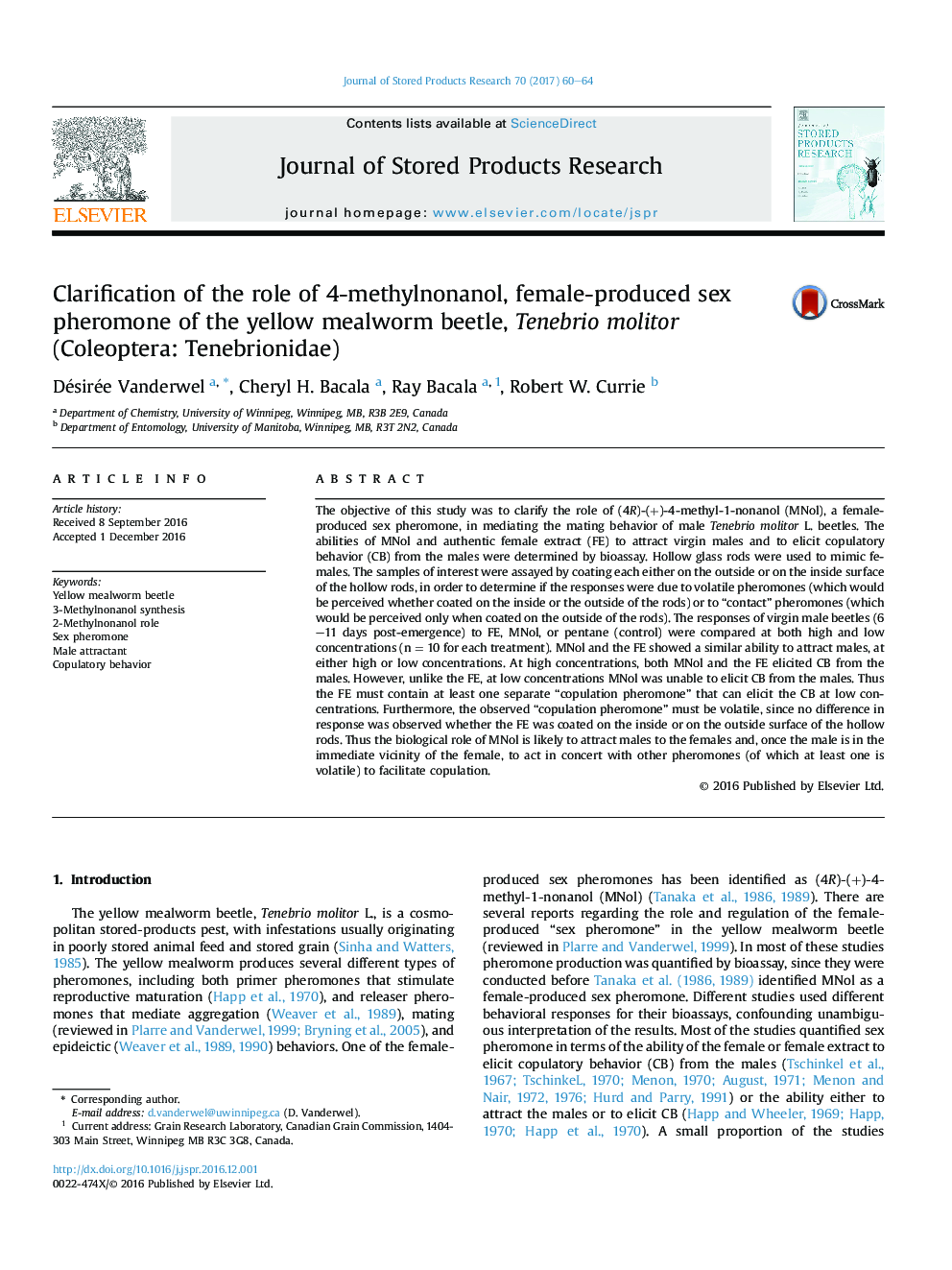 Clarification of the role of 4-methylnonanol, female-produced sex pheromone of the yellow mealworm beetle, Tenebrio molitor (Coleoptera: Tenebrionidae)