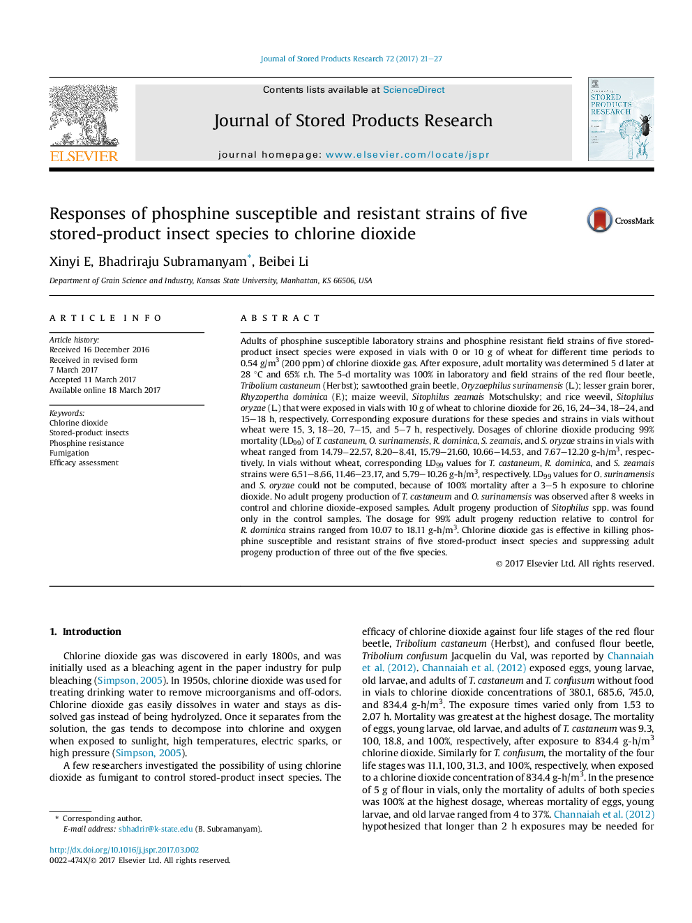 Responses of phosphine susceptible and resistant strains of five stored-product insect species to chlorine dioxide