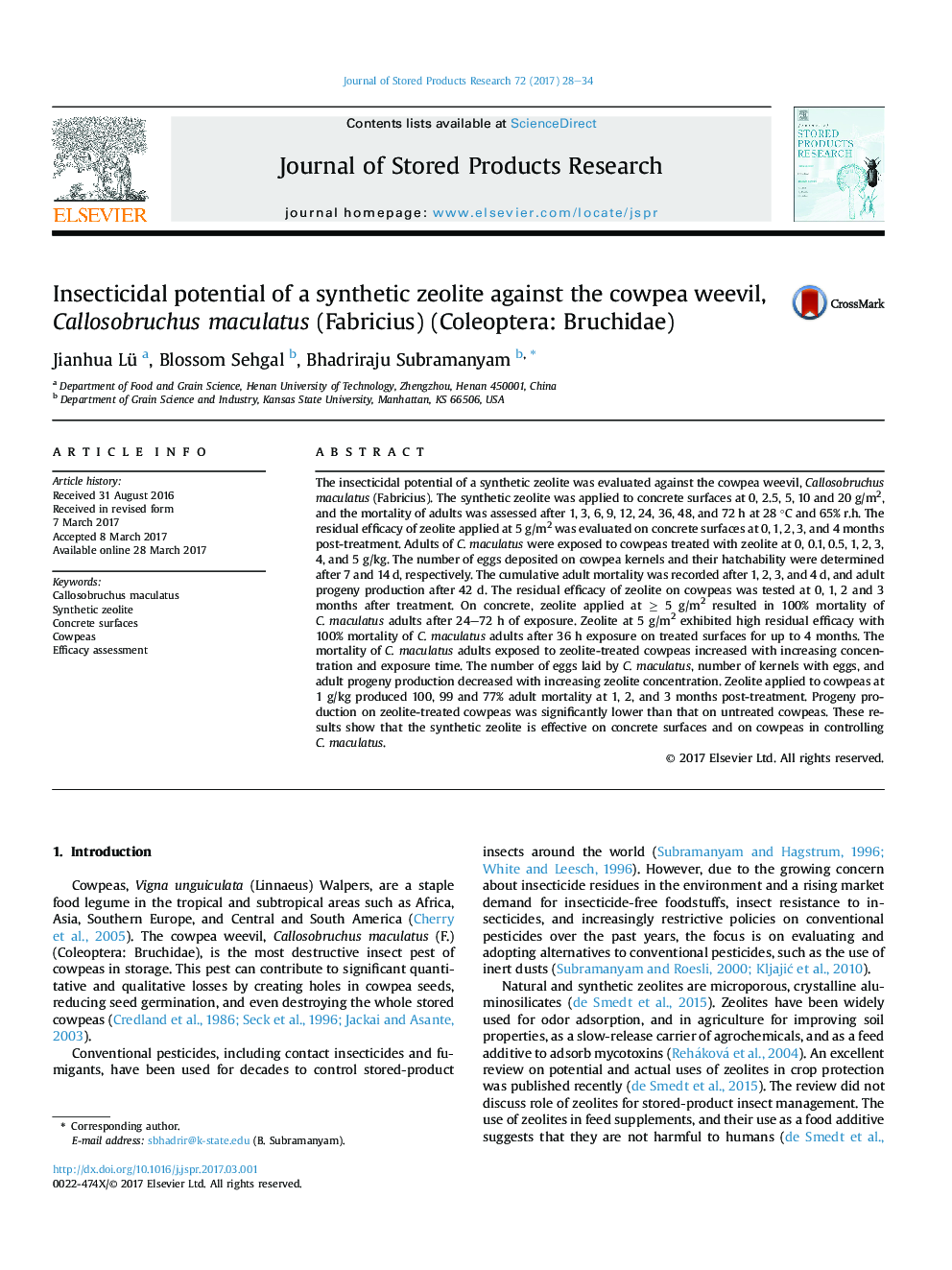 Insecticidal potential of a synthetic zeolite against the cowpea weevil, Callosobruchus maculatus (Fabricius) (Coleoptera: Bruchidae)