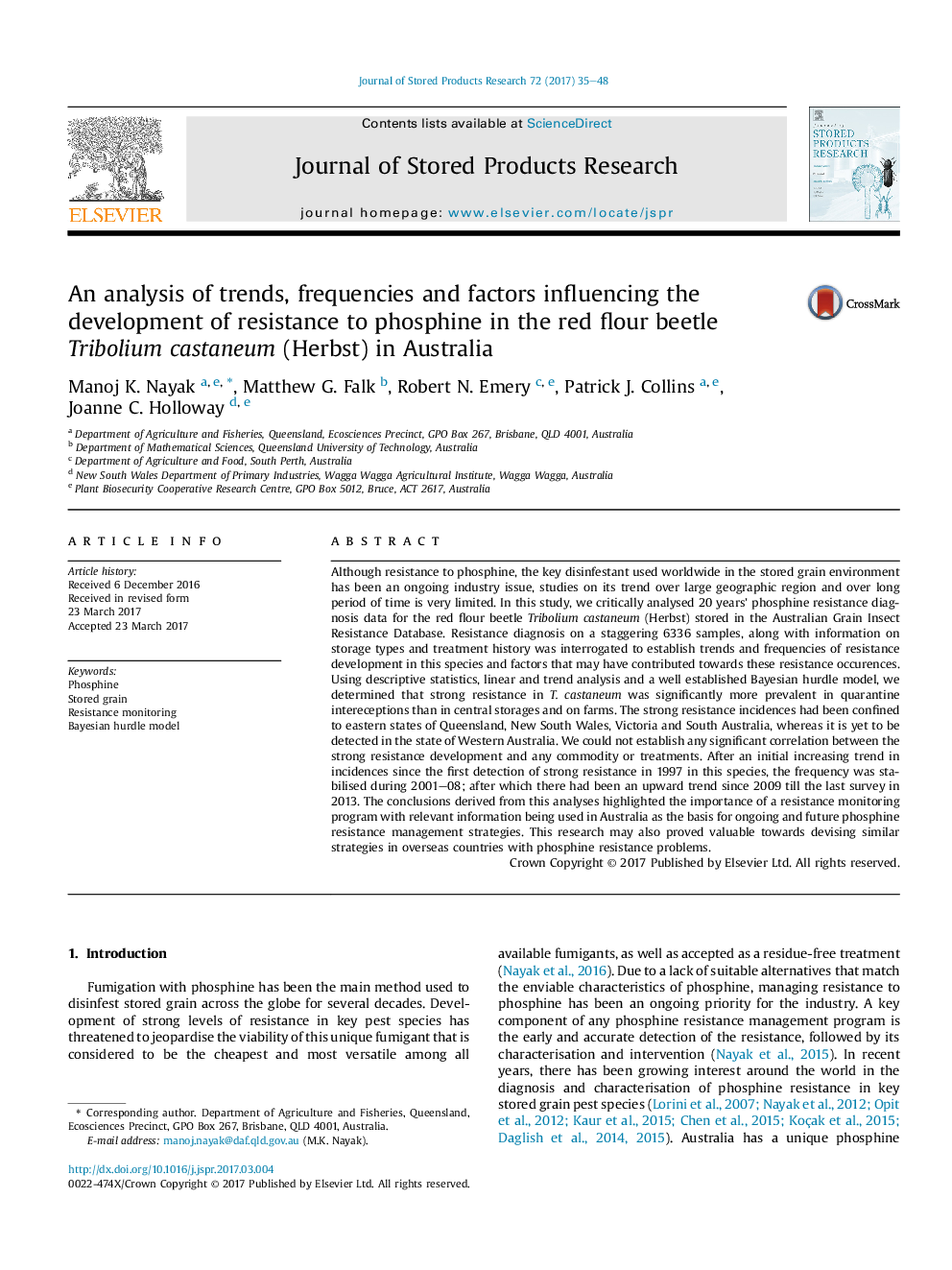 An analysis of trends, frequencies and factors influencing the development of resistance to phosphine in the red flour beetle Tribolium castaneum (Herbst) in Australia