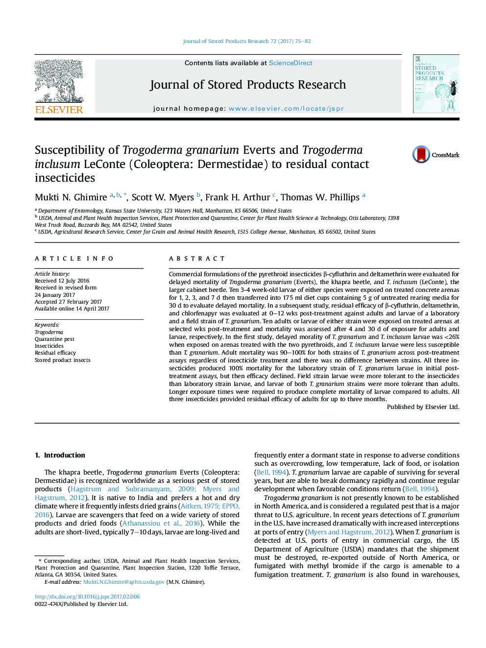 Susceptibility of Trogoderma granarium Everts and Trogoderma inclusum LeConte (Coleoptera: Dermestidae) to residual contact insecticides