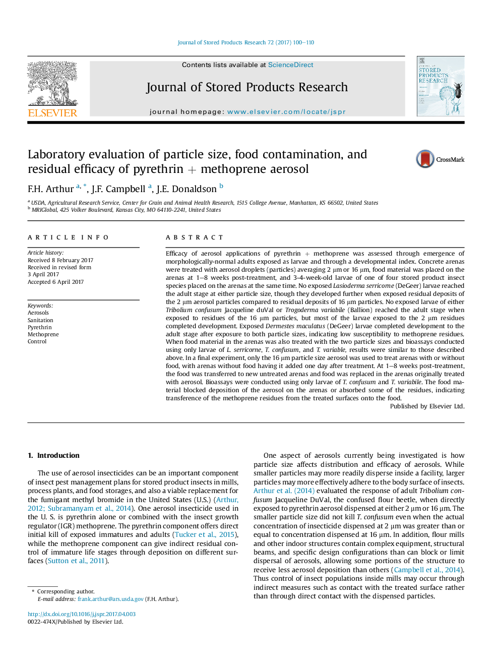 Laboratory evaluation of particle size, food contamination, and residual efficacy of pyrethrinÂ +Â methoprene aerosol