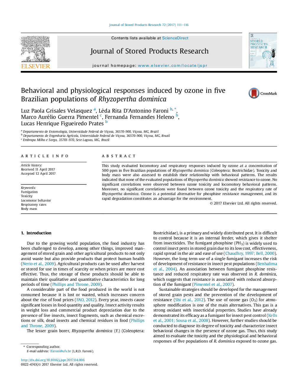 Behavioral and physiological responses induced by ozone in five Brazilian populations of Rhyzopertha dominica