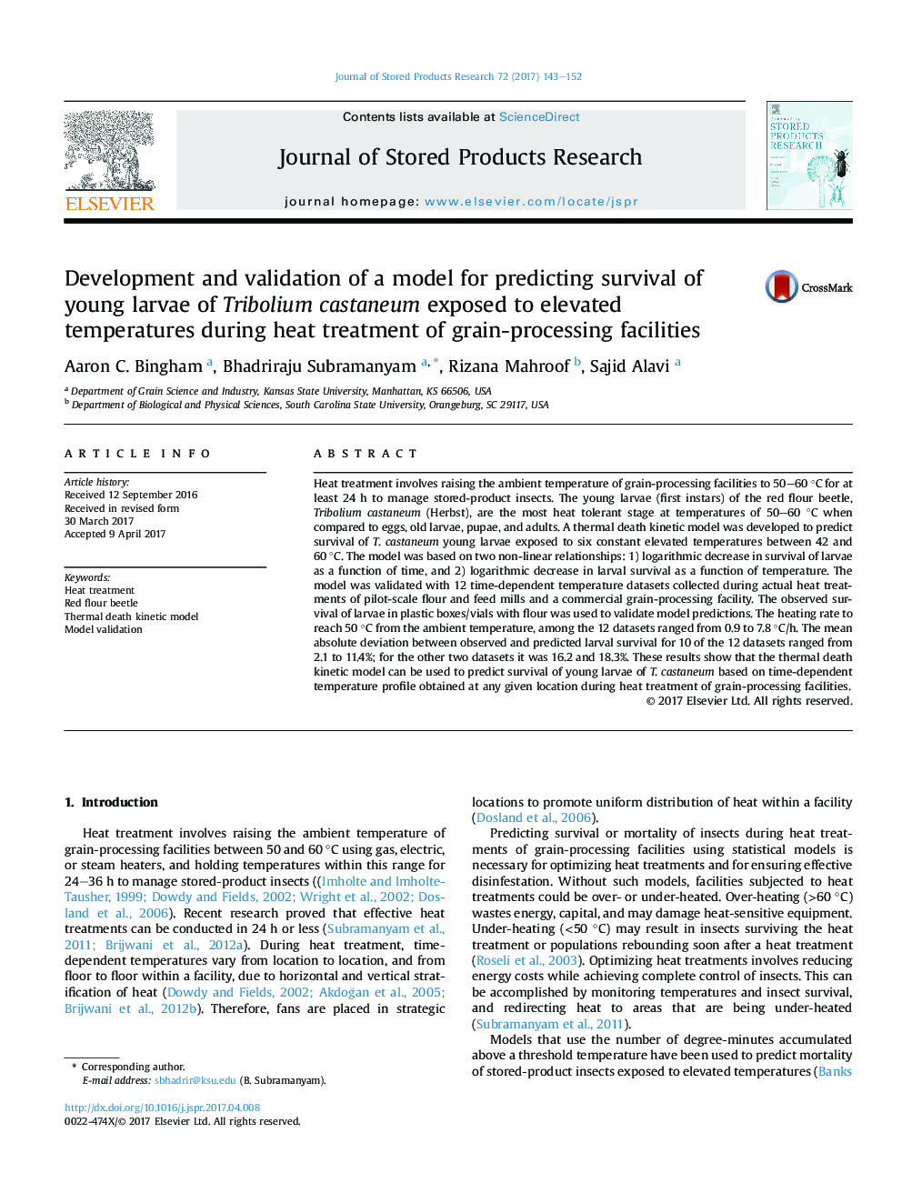 Development and validation of a model for predicting survival of young larvae of Tribolium castaneum exposed to elevated temperatures during heat treatment of grain-processing facilities