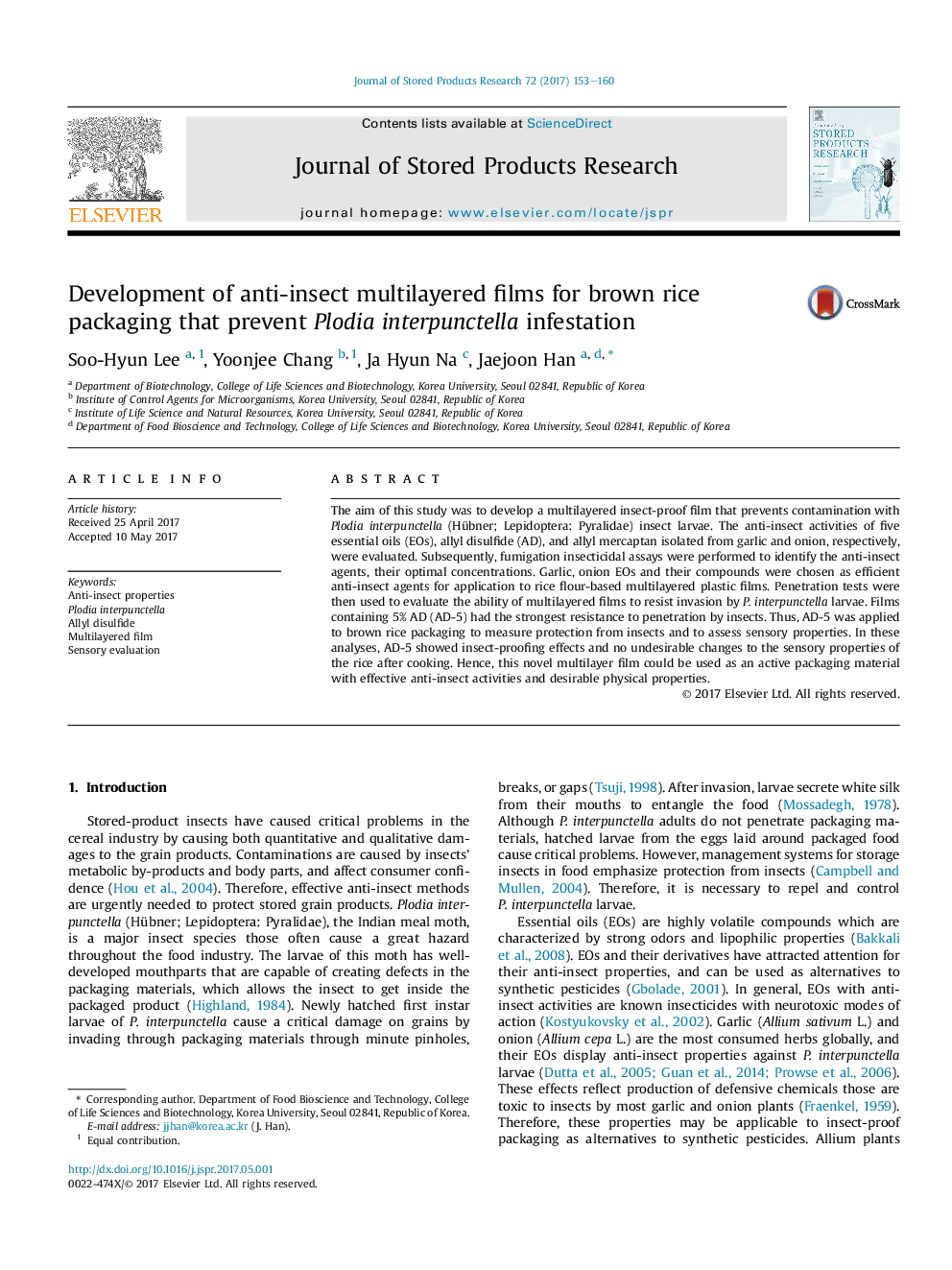 Development of anti-insect multilayered films for brown rice packaging that prevent Plodia interpunctella infestation