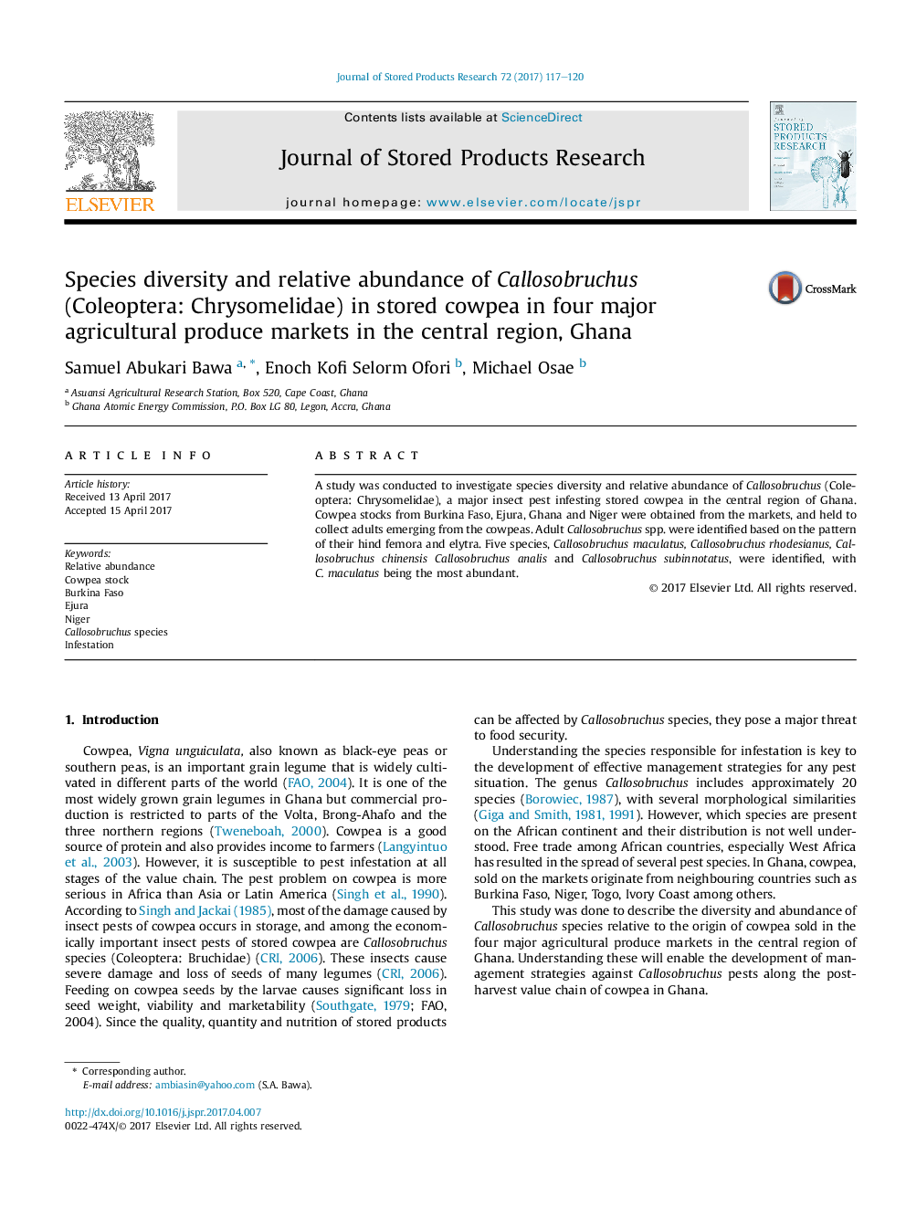 Species diversity and relative abundance of Callosobruchus (Coleoptera: Chrysomelidae) in stored cowpea in four major agricultural produce markets in the central region, Ghana