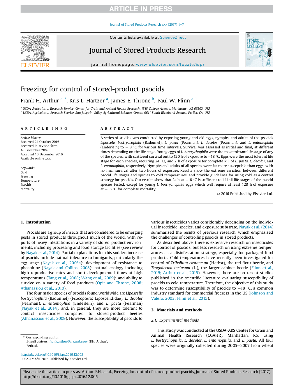 Freezing for control of stored-product psocids