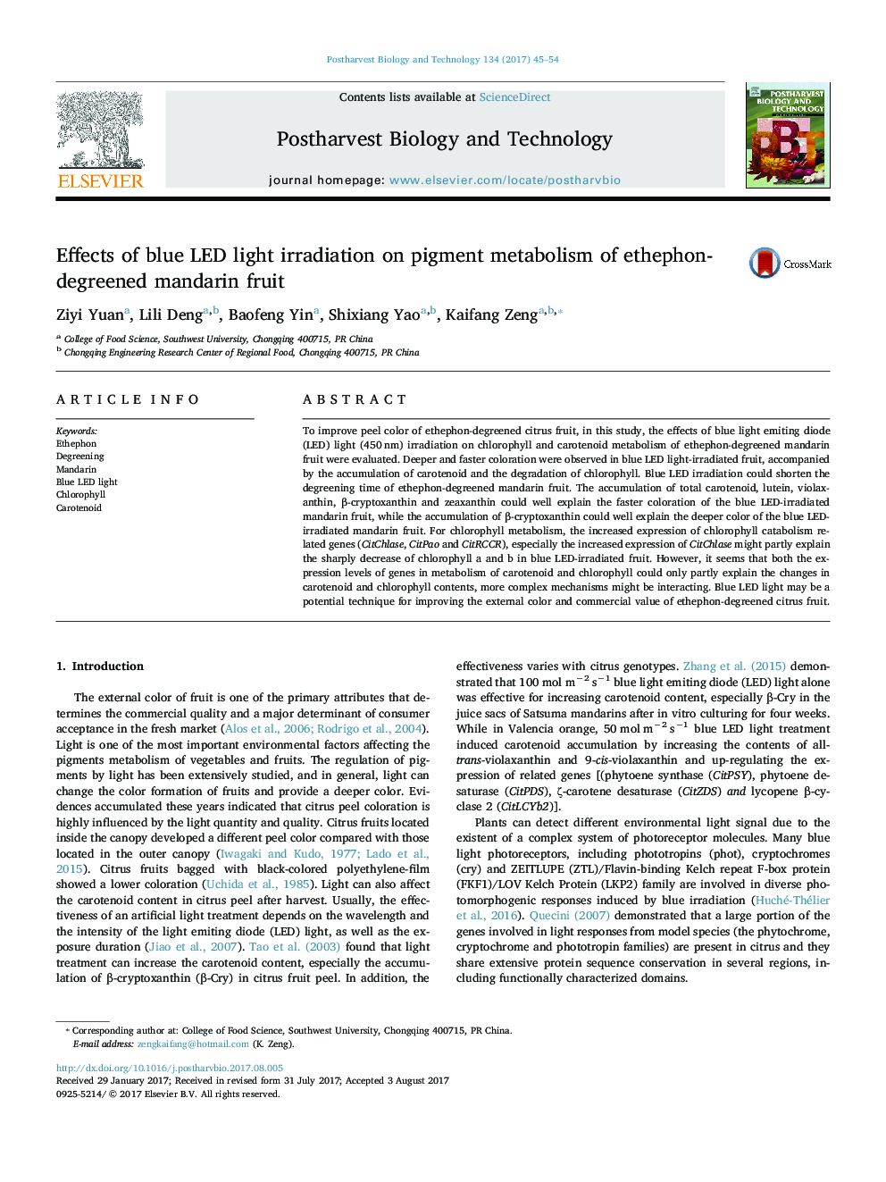 Effects of blue LED light irradiation on pigment metabolism of ethephon-degreened mandarin fruit