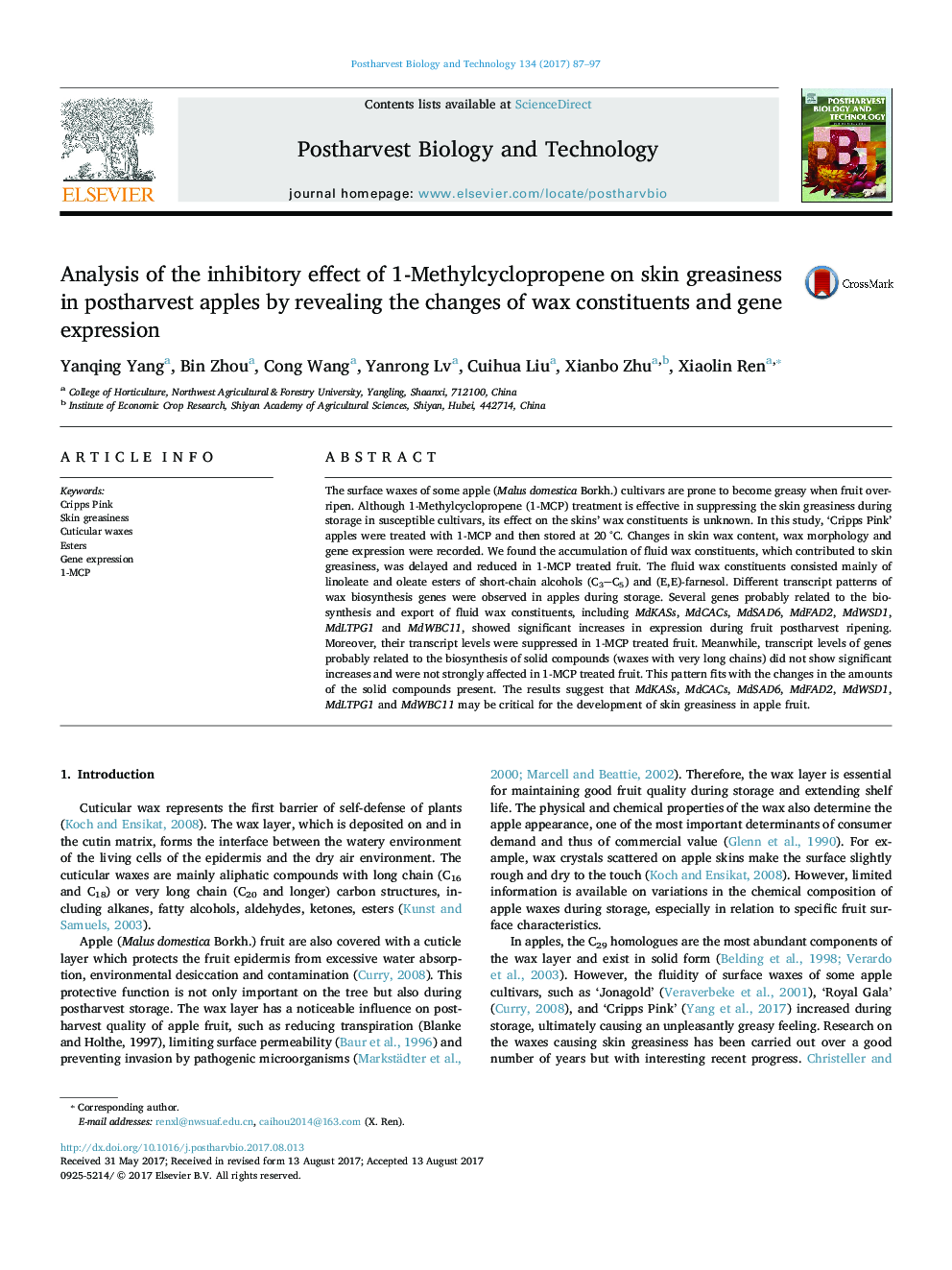Analysis of the inhibitory effect of 1-Methylcyclopropene on skin greasiness in postharvest apples by revealing the changes of wax constituents and gene expression