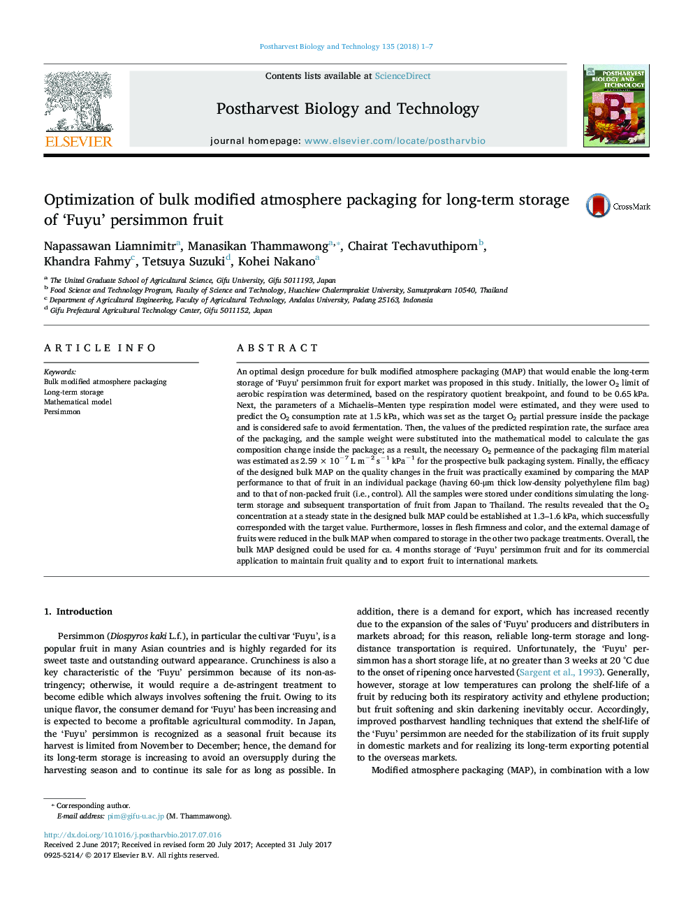 Optimization of bulk modified atmosphere packaging for long-term storage of 'Fuyu' persimmon fruit