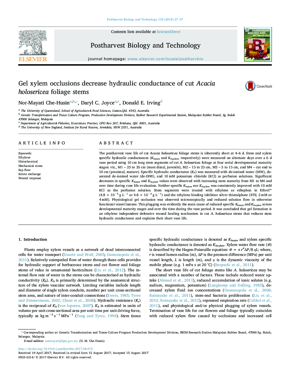 Gel xylem occlusions decrease hydraulic conductance of cut Acacia holosericea foliage stems