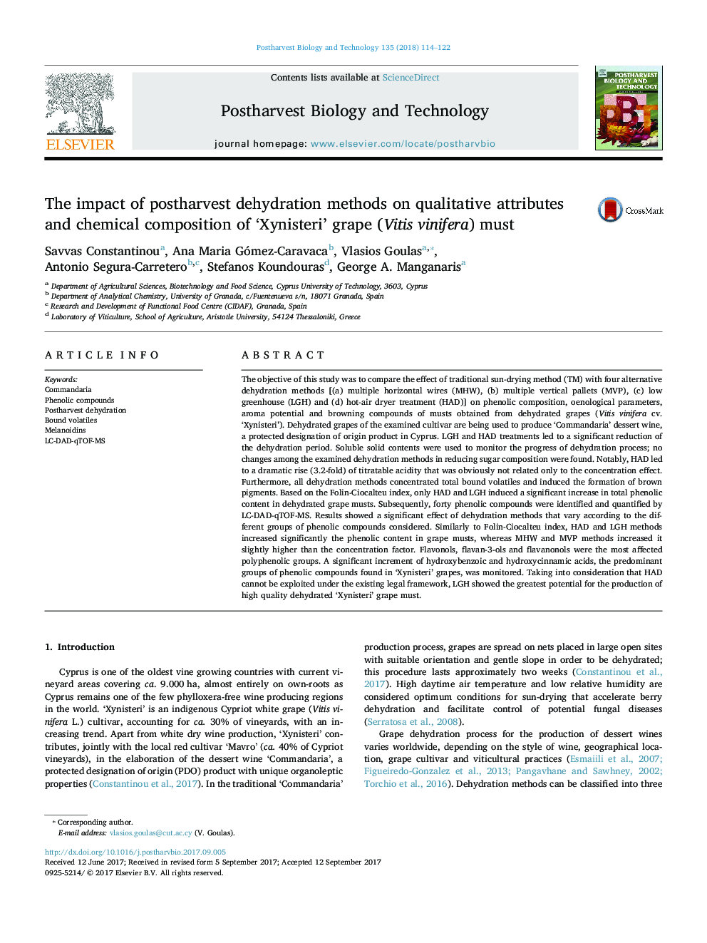 The impact of postharvest dehydration methods on qualitative attributes and chemical composition of 'Xynisteri' grape (Vitis vinifera) must