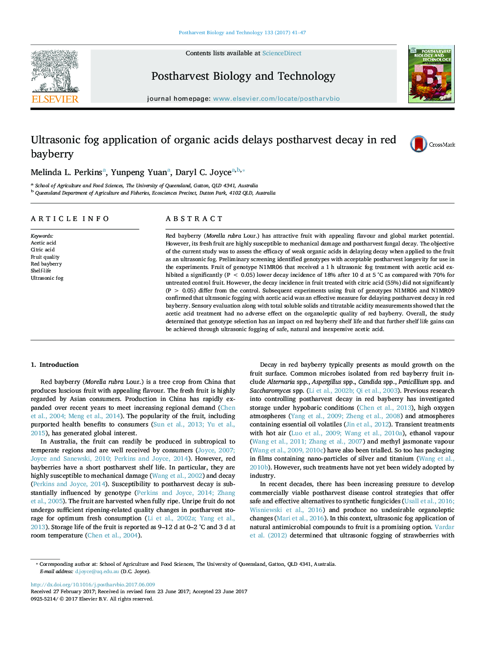 Ultrasonic fog application of organic acids delays postharvest decay in red bayberry