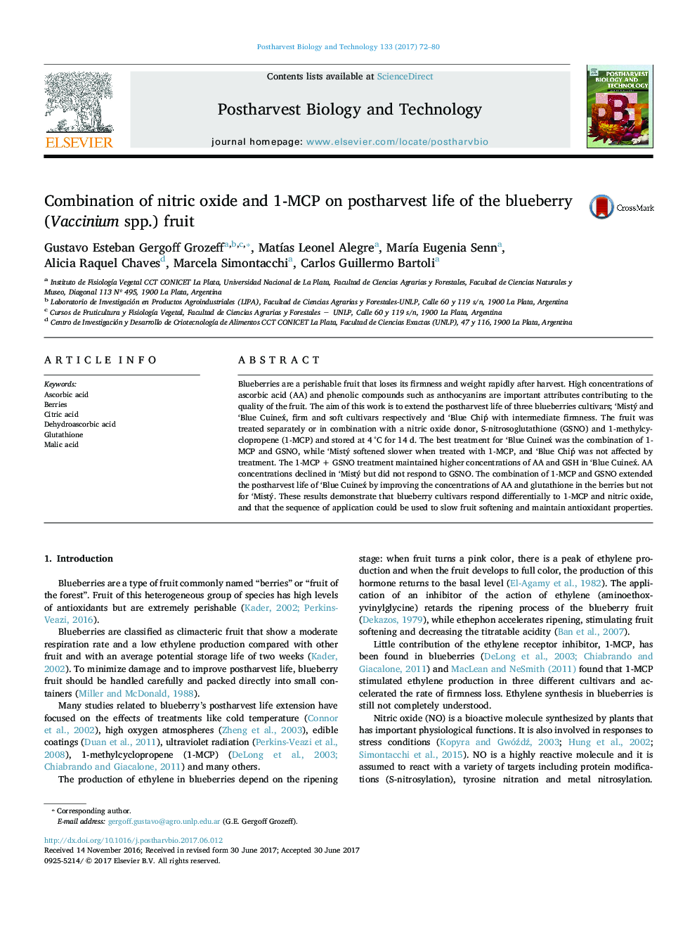 Combination of nitric oxide and 1-MCP on postharvest life of the blueberry (Vaccinium spp.) fruit