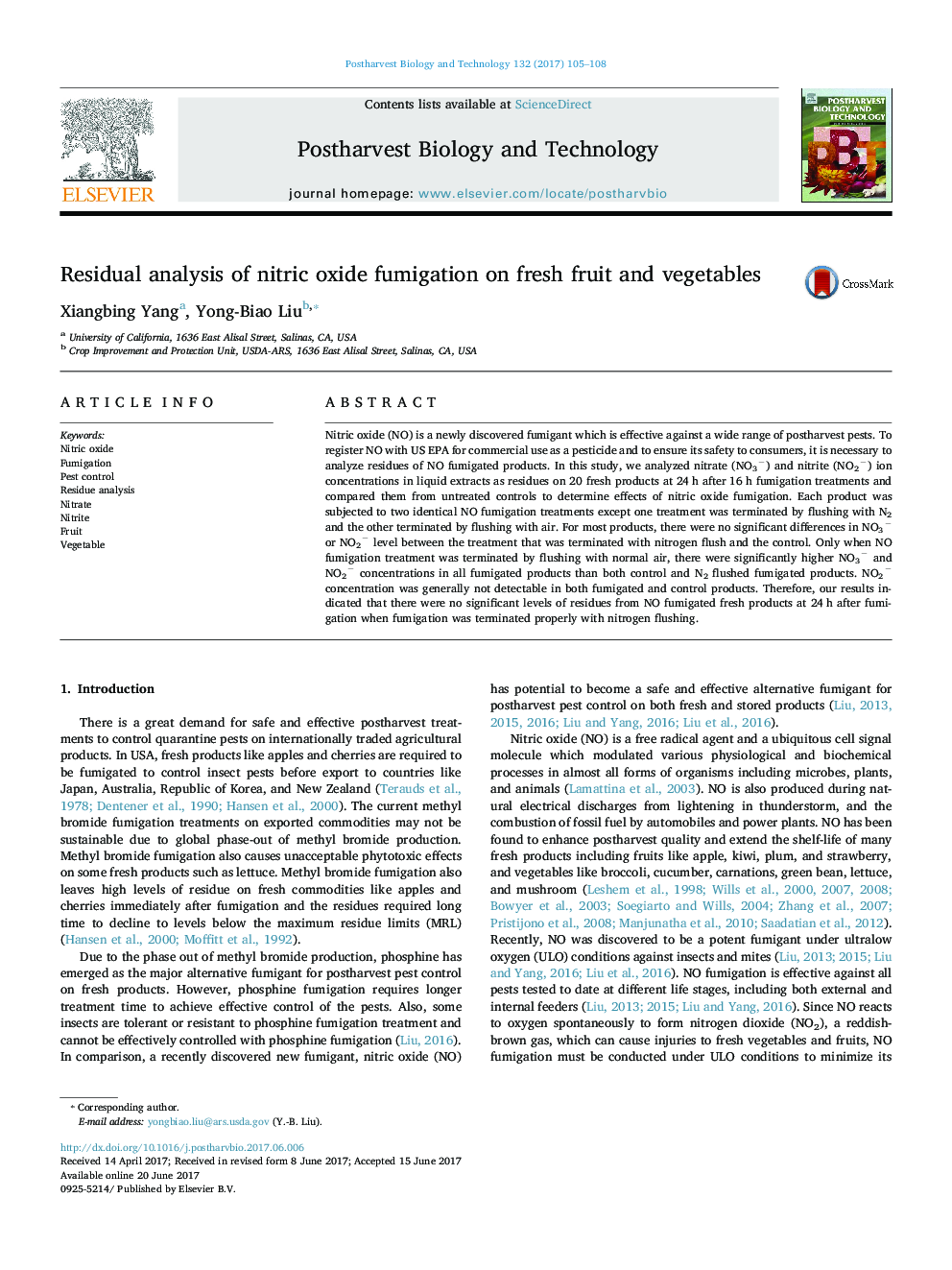 Residual analysis of nitric oxide fumigation on fresh fruit and vegetables