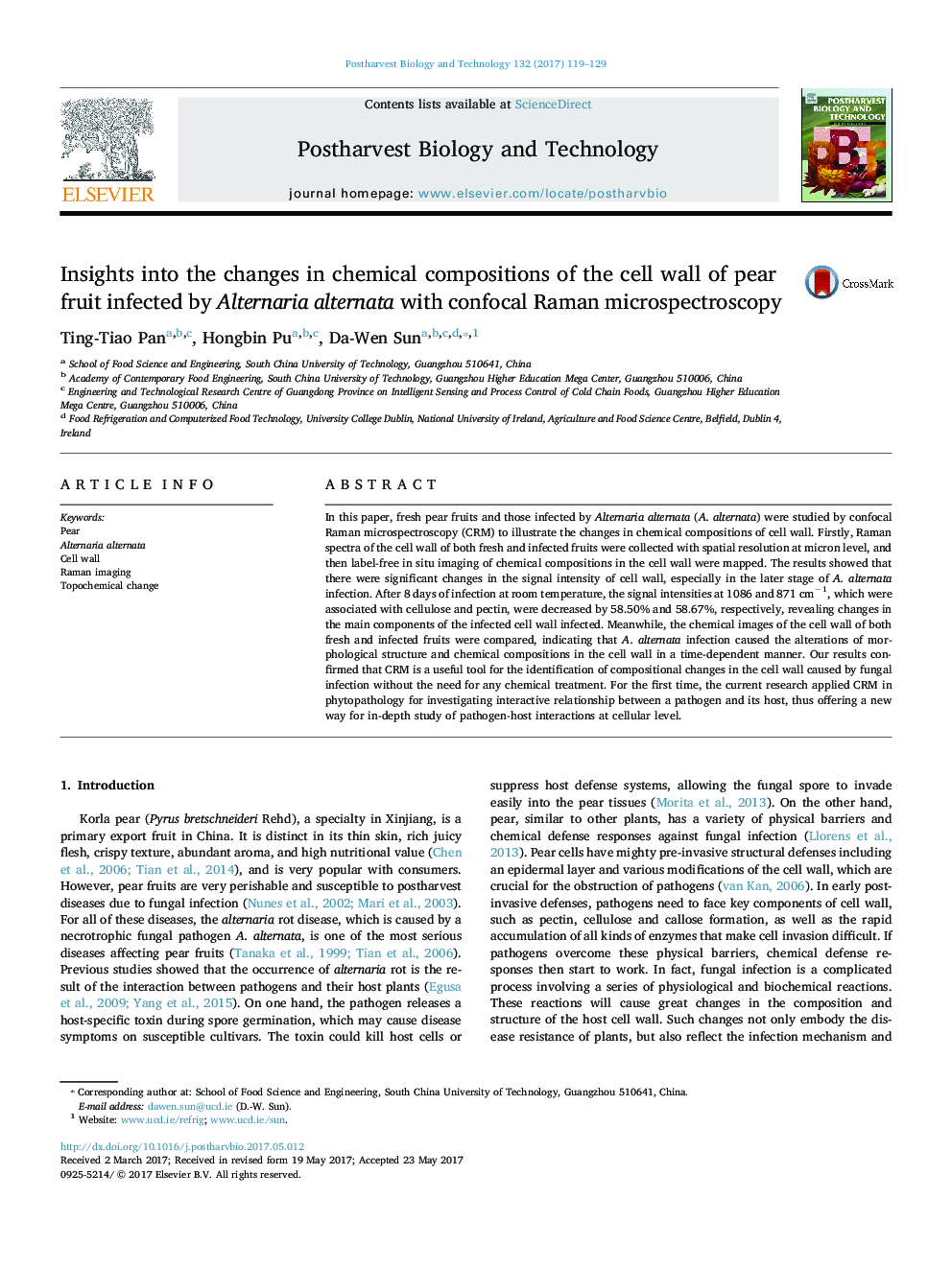 Insights into the changes in chemical compositions of the cell wall of pear fruit infected by Alternaria alternata with confocal Raman microspectroscopy