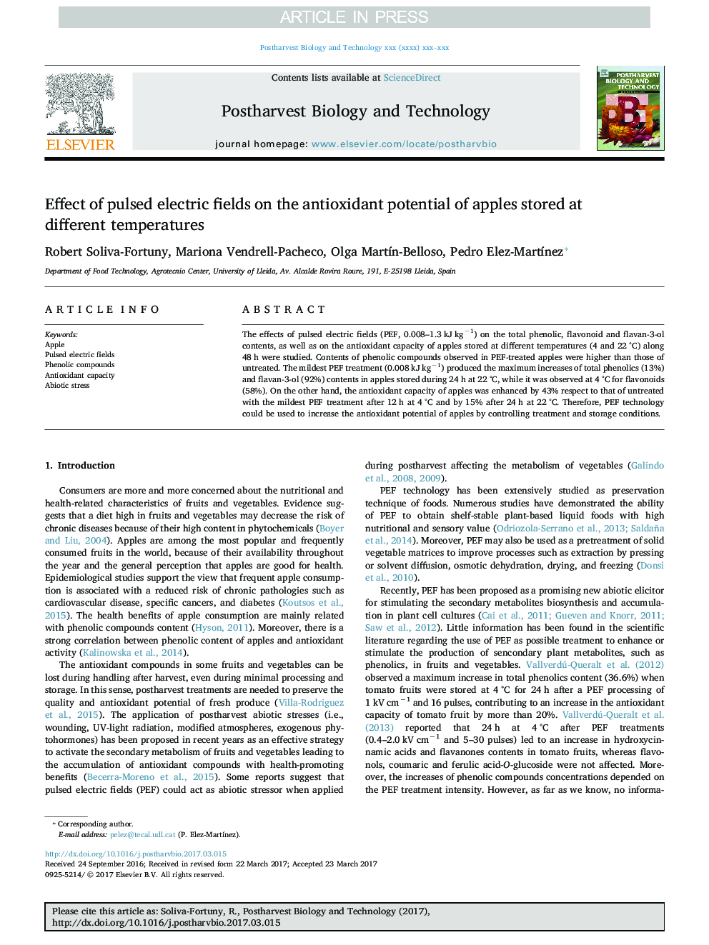 Effect of pulsed electric fields on the antioxidant potential of apples stored at different temperatures