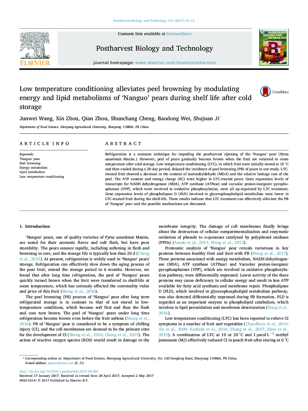 Low temperature conditioning alleviates peel browning by modulating energy and lipid metabolisms of 'Nanguo' pears during shelf life after cold storage