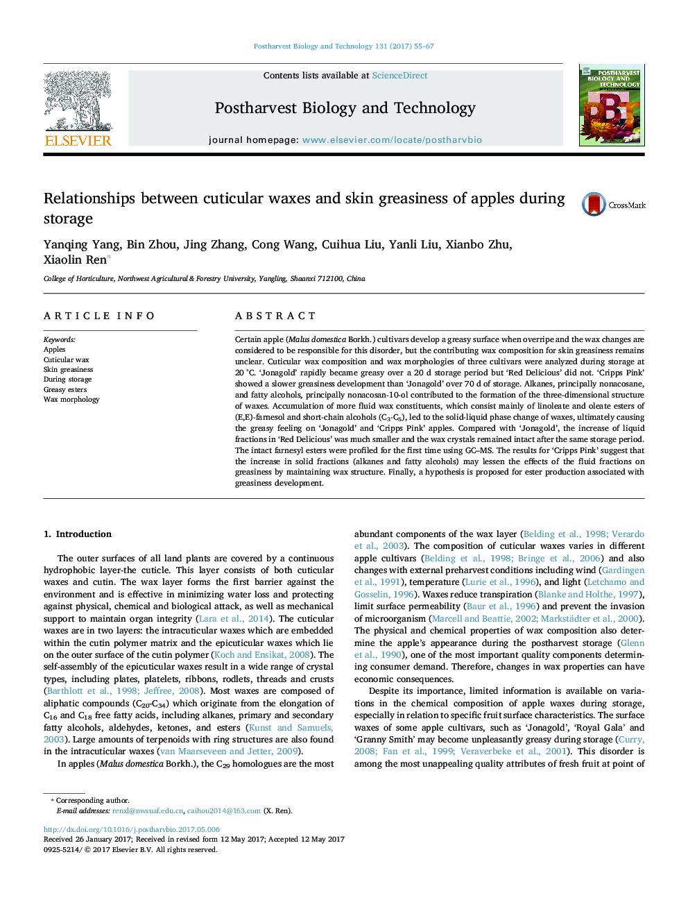 Relationships between cuticular waxes and skin greasiness of apples during storage