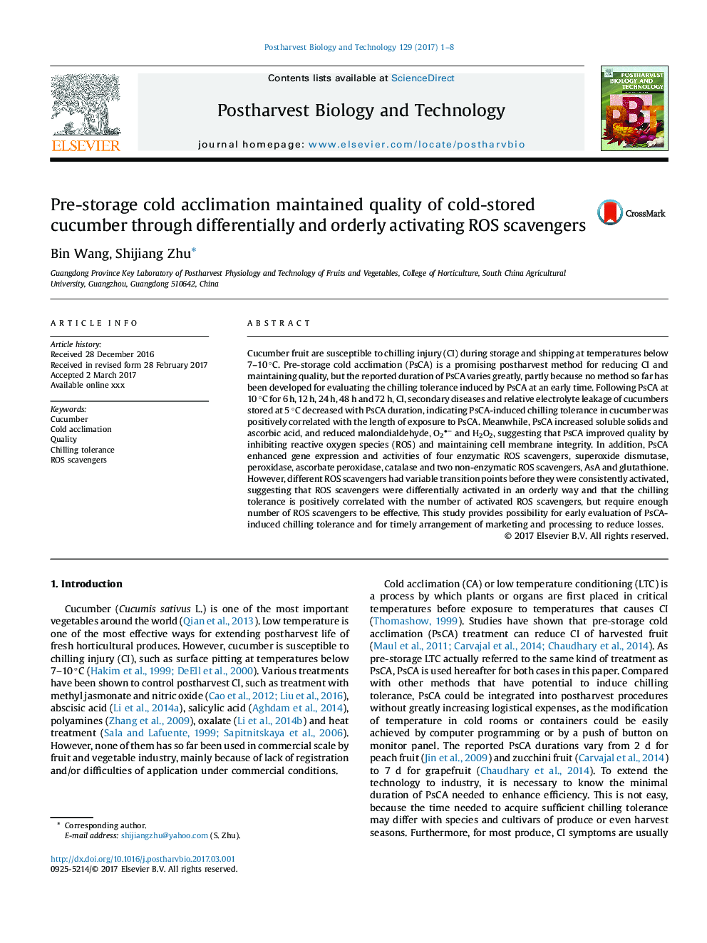 Pre-storage cold acclimation maintained quality of cold-stored cucumber through differentially and orderly activating ROS scavengers