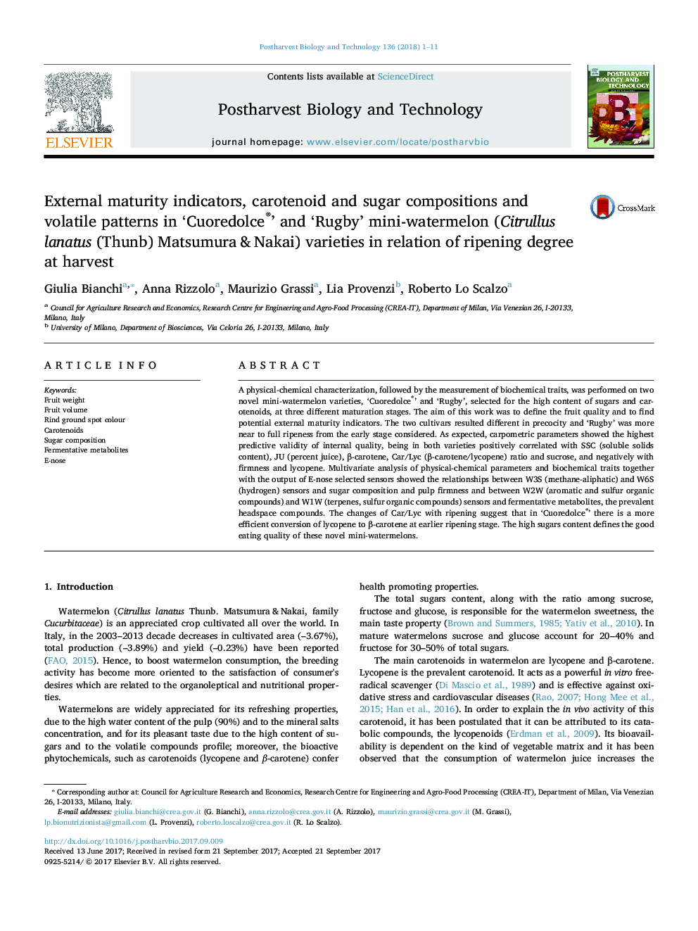 External maturity indicators, carotenoid and sugar compositions and volatile patterns in 'Cuoredolce®' and 'Rugby' mini-watermelon (Citrullus lanatus (Thunb) Matsumura & Nakai) varieties in relation of ripening degree at harvest