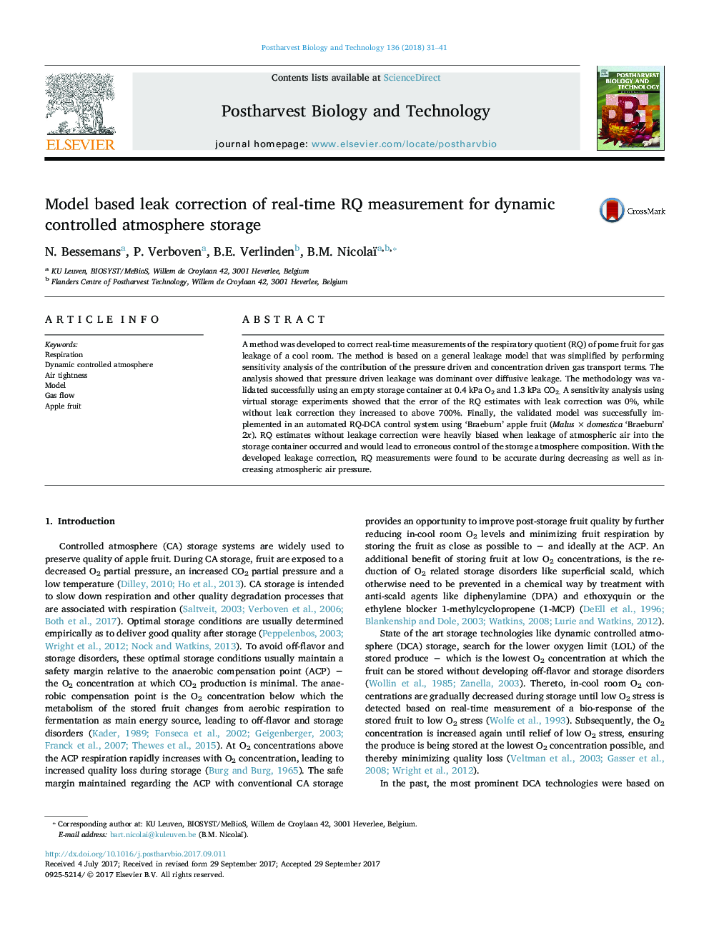 Model based leak correction of real-time RQ measurement for dynamic controlled atmosphere storage