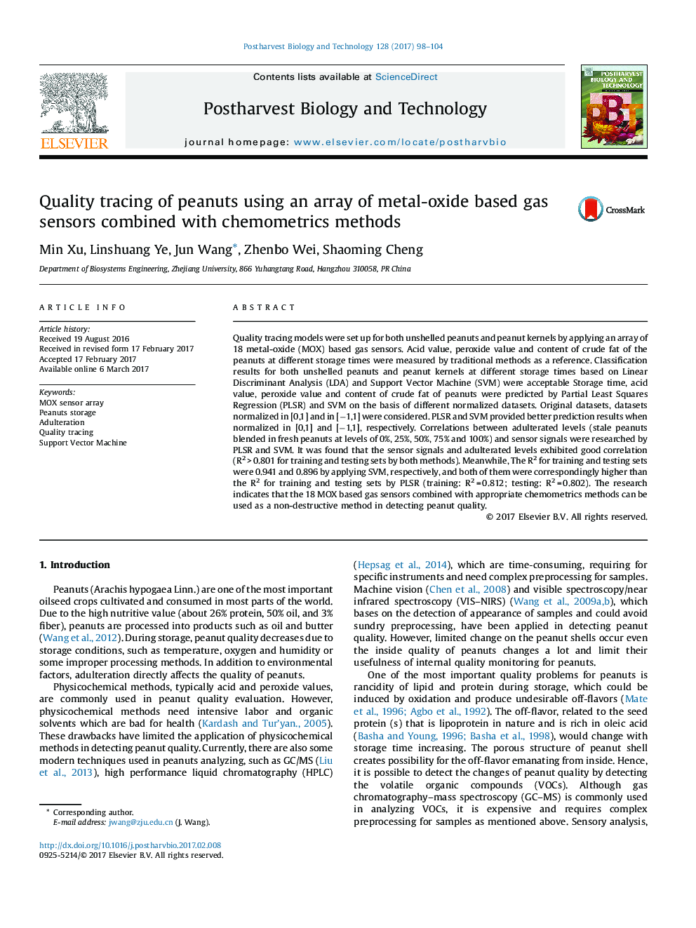 Quality tracing of peanuts using an array of metal-oxide based gas sensors combined with chemometrics methods