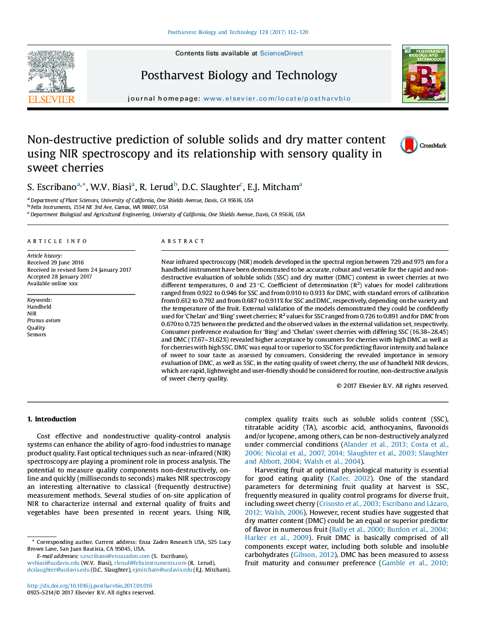 Non-destructive prediction of soluble solids and dry matter content using NIR spectroscopy and its relationship with sensory quality in sweet cherries