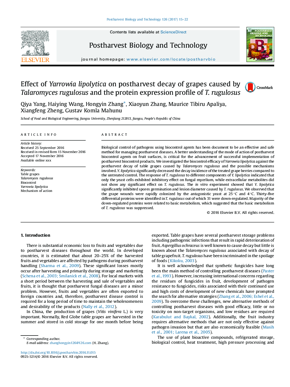 Effect of Yarrowia lipolytica on postharvest decay of grapes caused by Talaromyces rugulosus and the protein expression profile of T. rugulosus