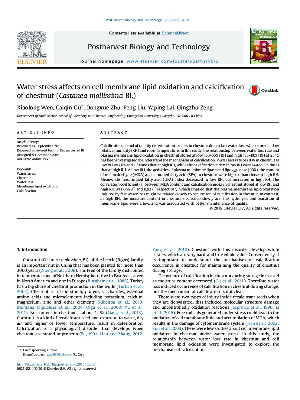 Water stress affects on cell membrane lipid oxidation and calcification of chestnut (Castanea mollissima Bl.)