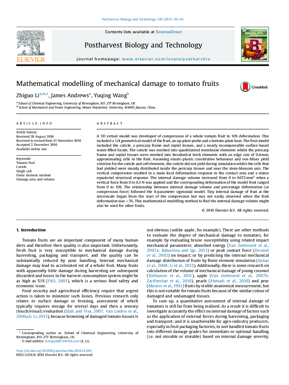 Mathematical modelling of mechanical damage to tomato fruits