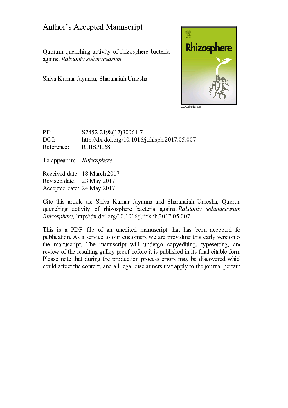 Quorum quenching activity of rhizosphere bacteria against Ralstonia solanacearum