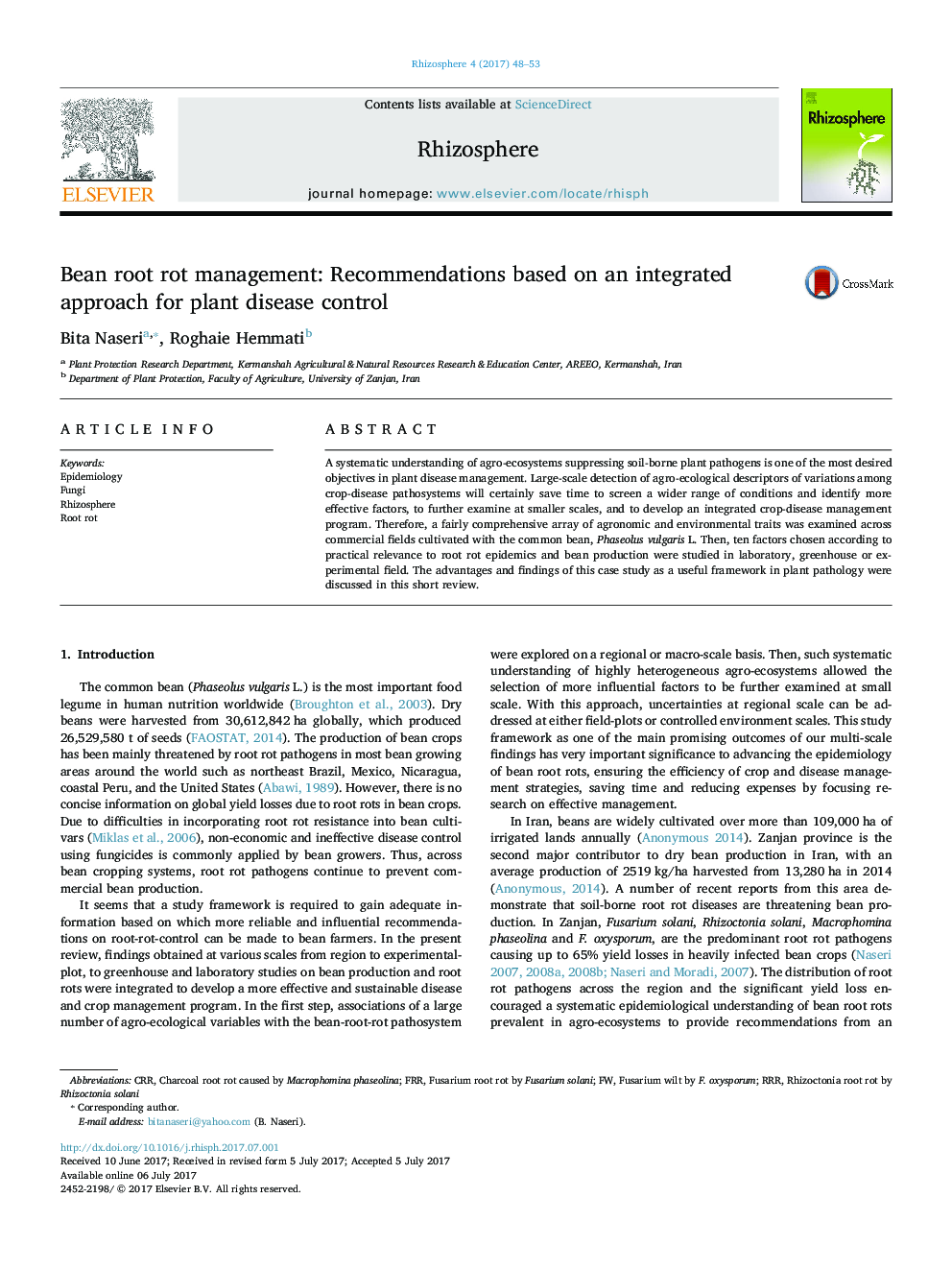 Bean root rot management: Recommendations based on an integrated approach for plant disease control