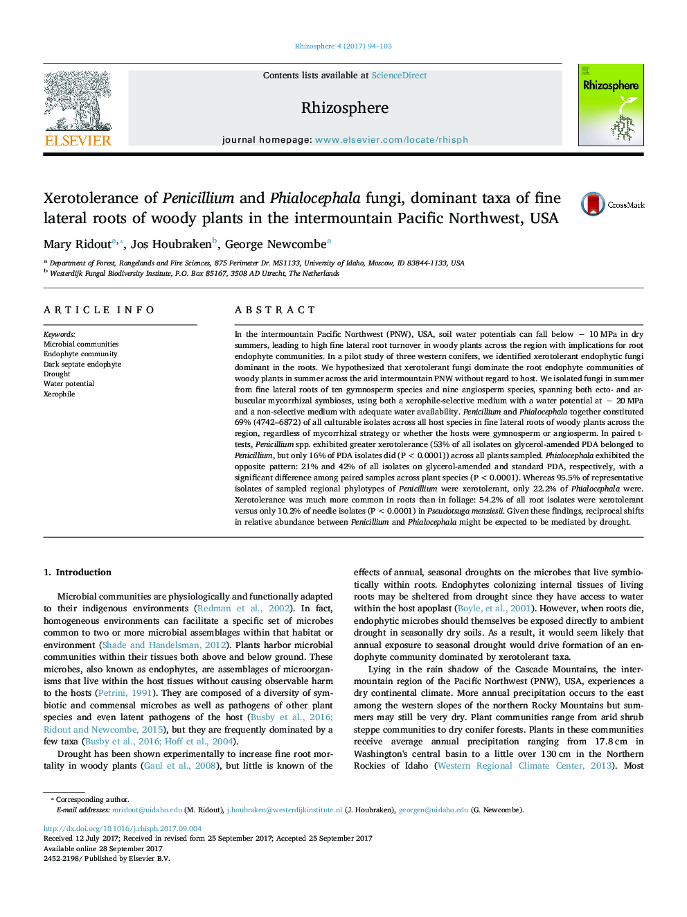 Xerotolerance of Penicillium and Phialocephala fungi, dominant taxa of fine lateral roots of woody plants in the intermountain Pacific Northwest, USA