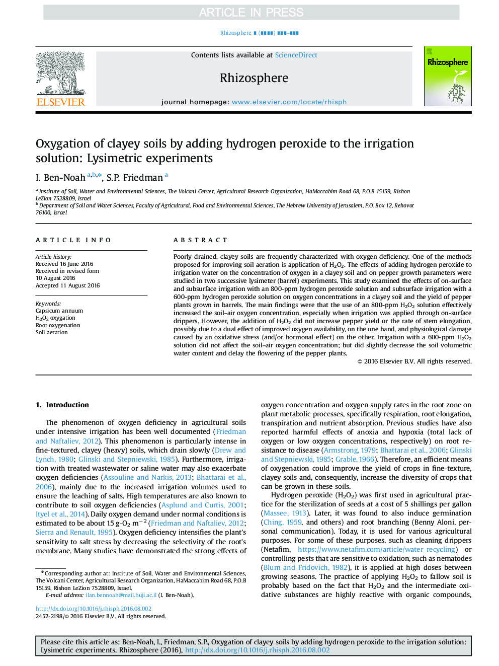Oxygation of clayey soils by adding hydrogen peroxide to the irrigation solution: Lysimetric experiments