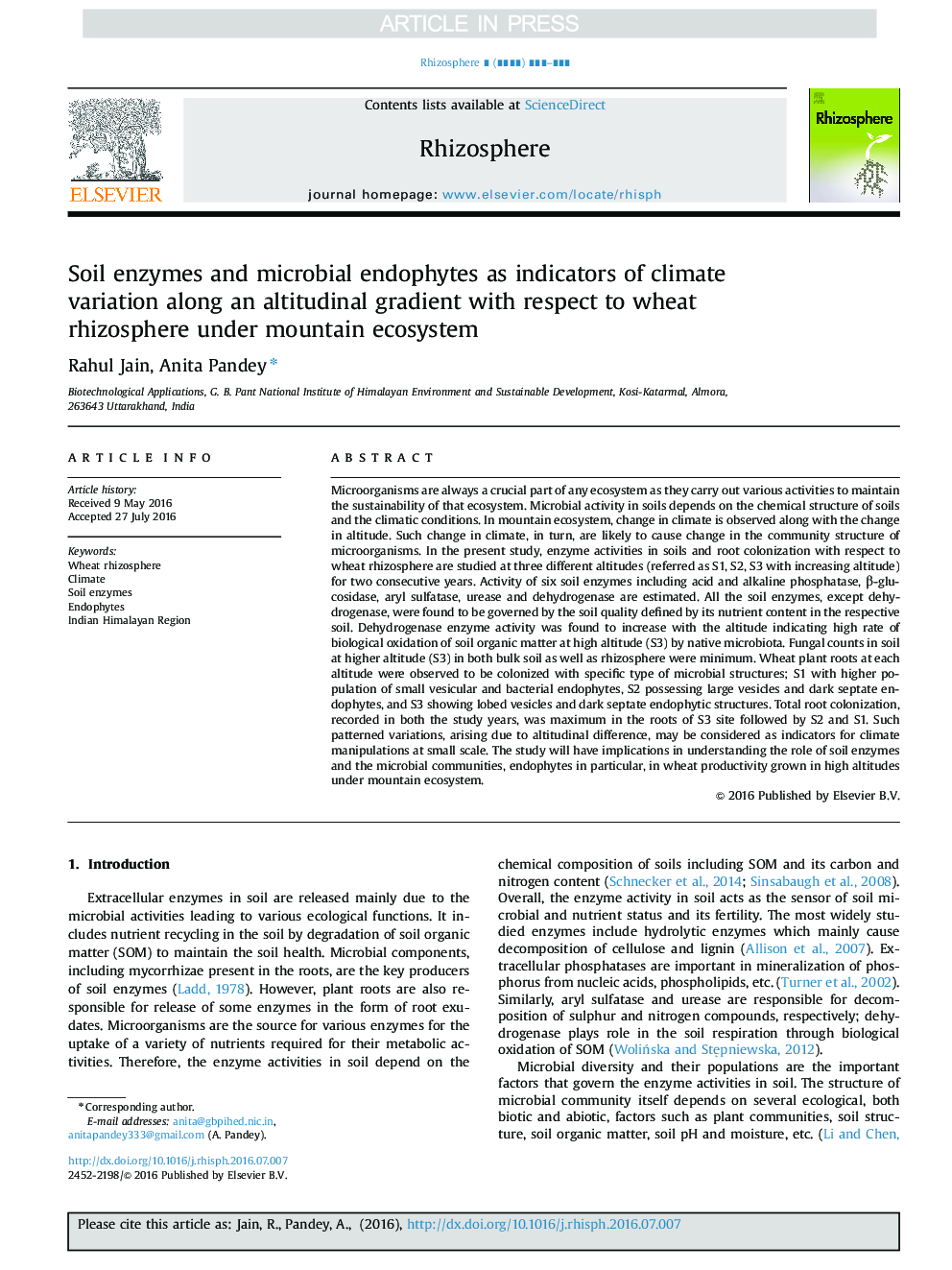 Soil enzymes and microbial endophytes as indicators of climate variation along an altitudinal gradient with respect to wheat rhizosphere under mountain ecosystem