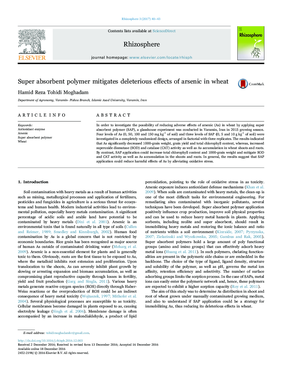 Super absorbent polymer mitigates deleterious effects of arsenic in wheat