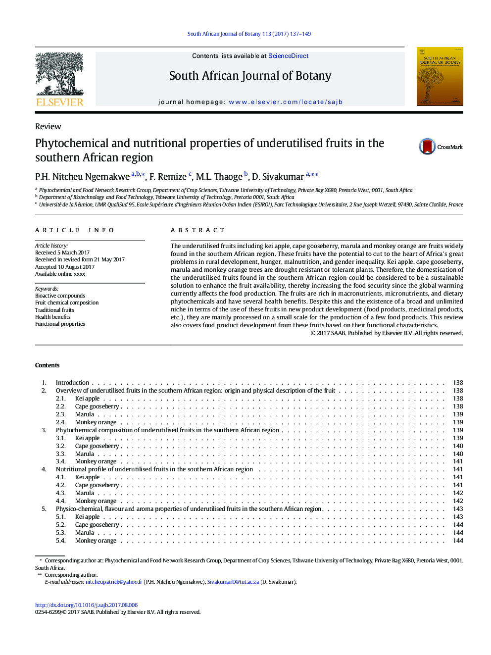 Phytochemical and nutritional properties of underutilised fruits in the southern African region